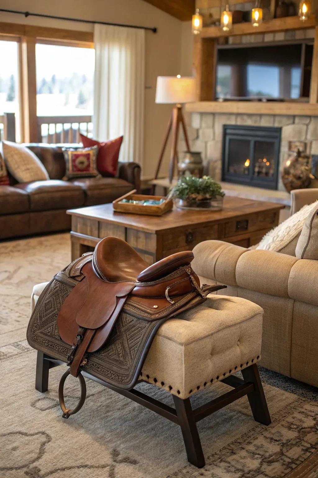 A riding seat footrest introduces a unique and pleasant element to this living space.
