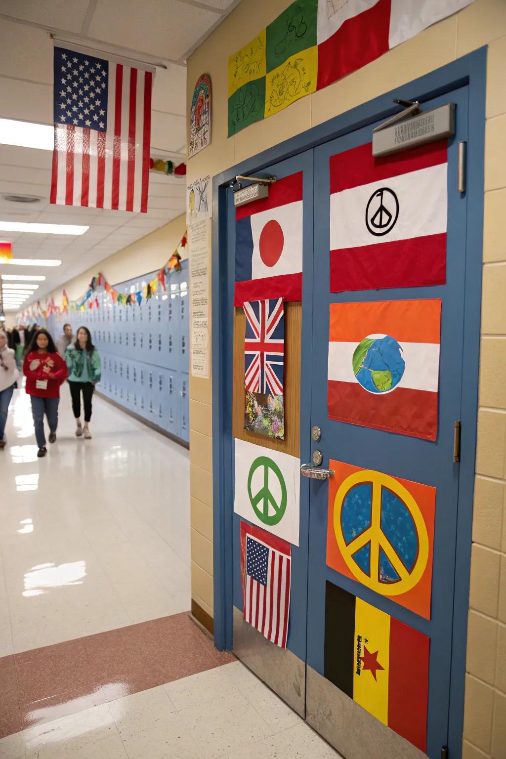 A world-themed school nurse door celebrating cultural diversity.