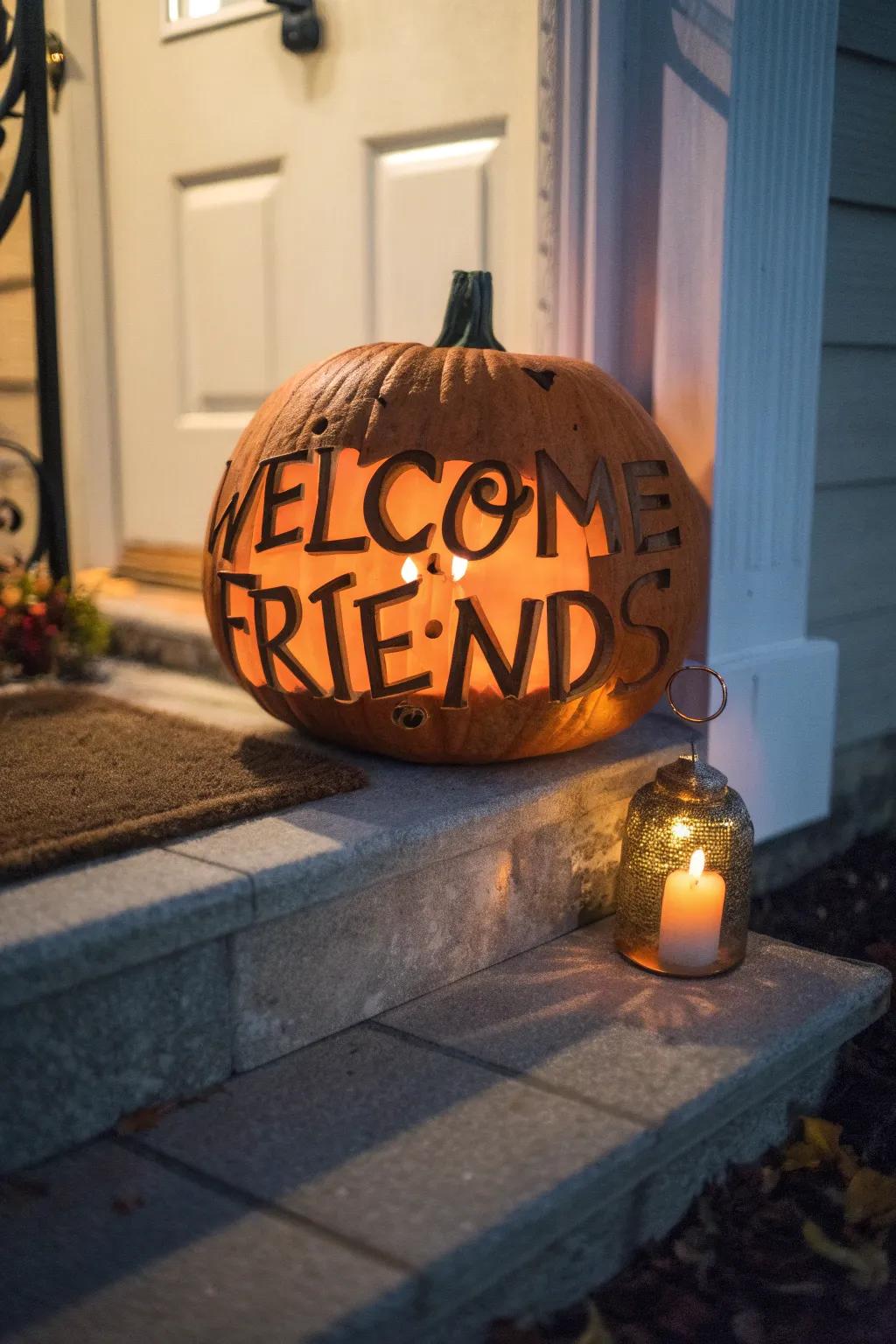 A personalized pumpkin message that warmly greets visitors.