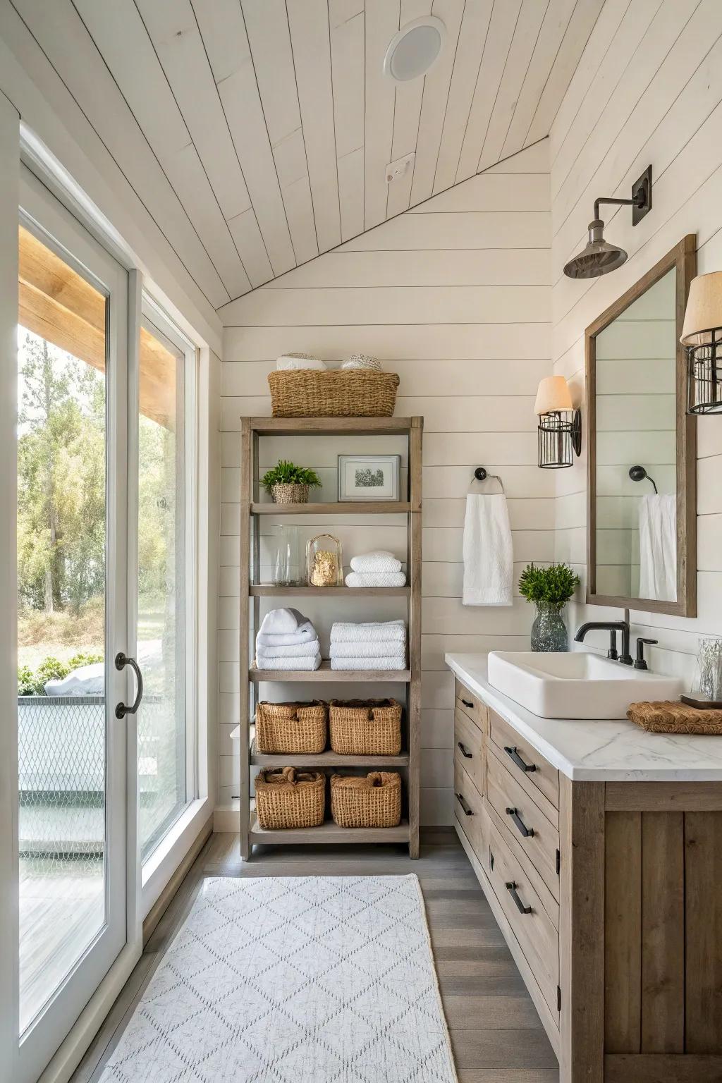 A bathroom featuring board and batten walls and open shelving for display.