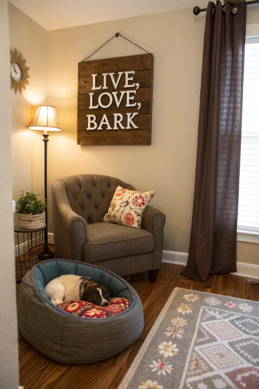 A cozy living room corner with a 'Live, Love, Bark' sign above a pet bed.