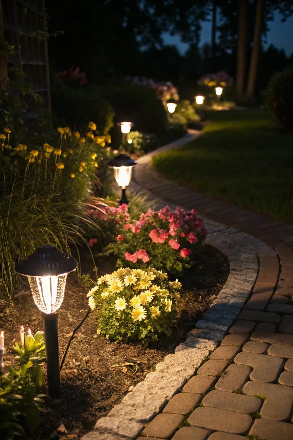 A night garden brought to life with solar lighting.