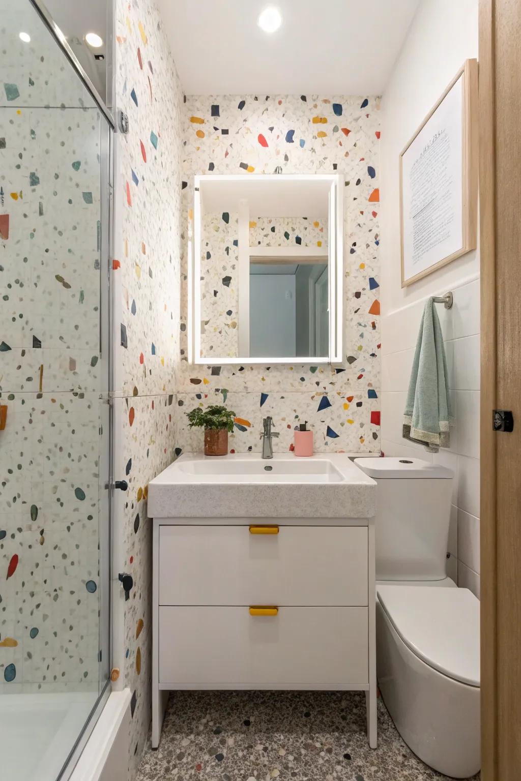 Terrazzo tiles add playful retro charm.