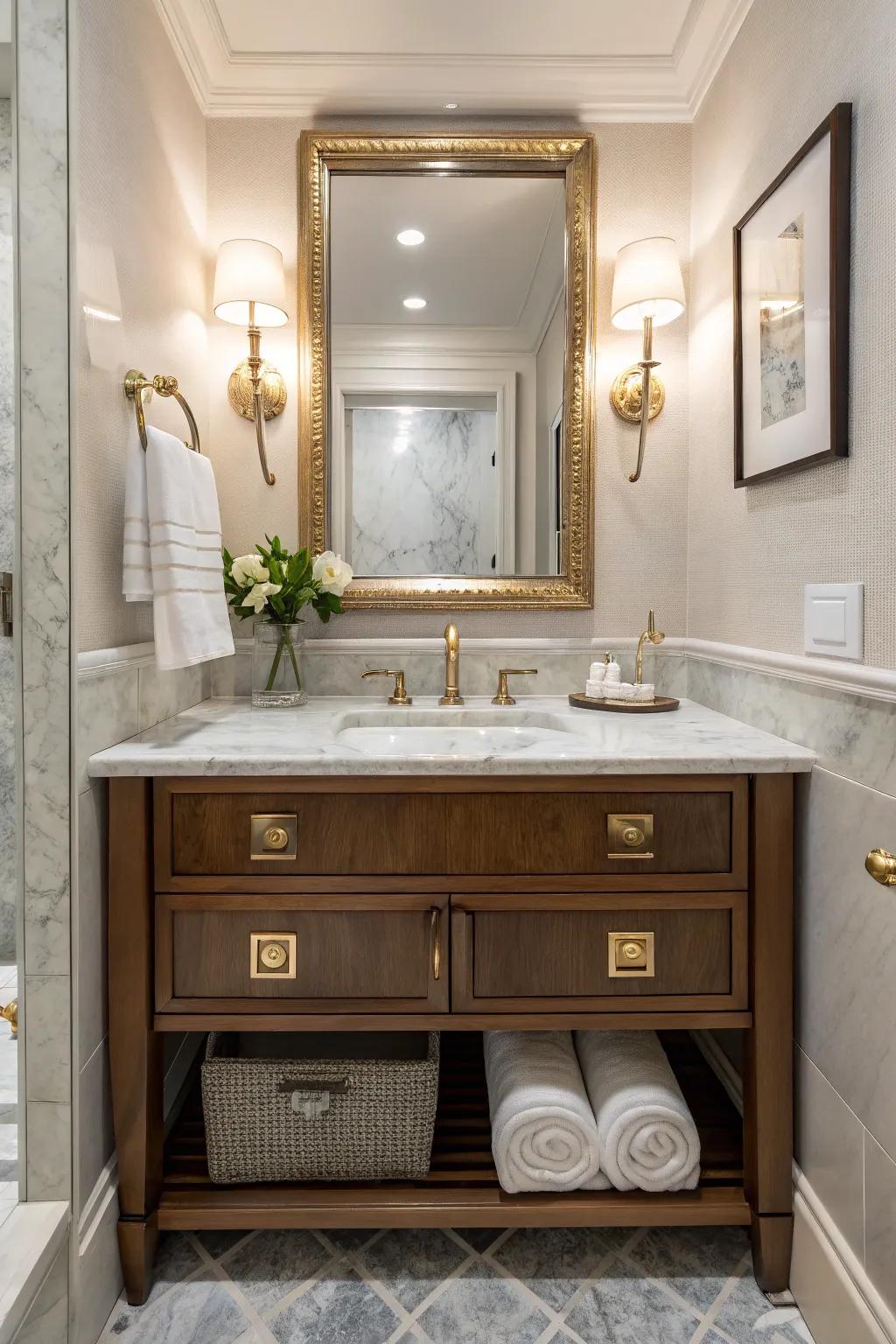 A marble top vanity that brings luxurious elegance to a small bathroom.