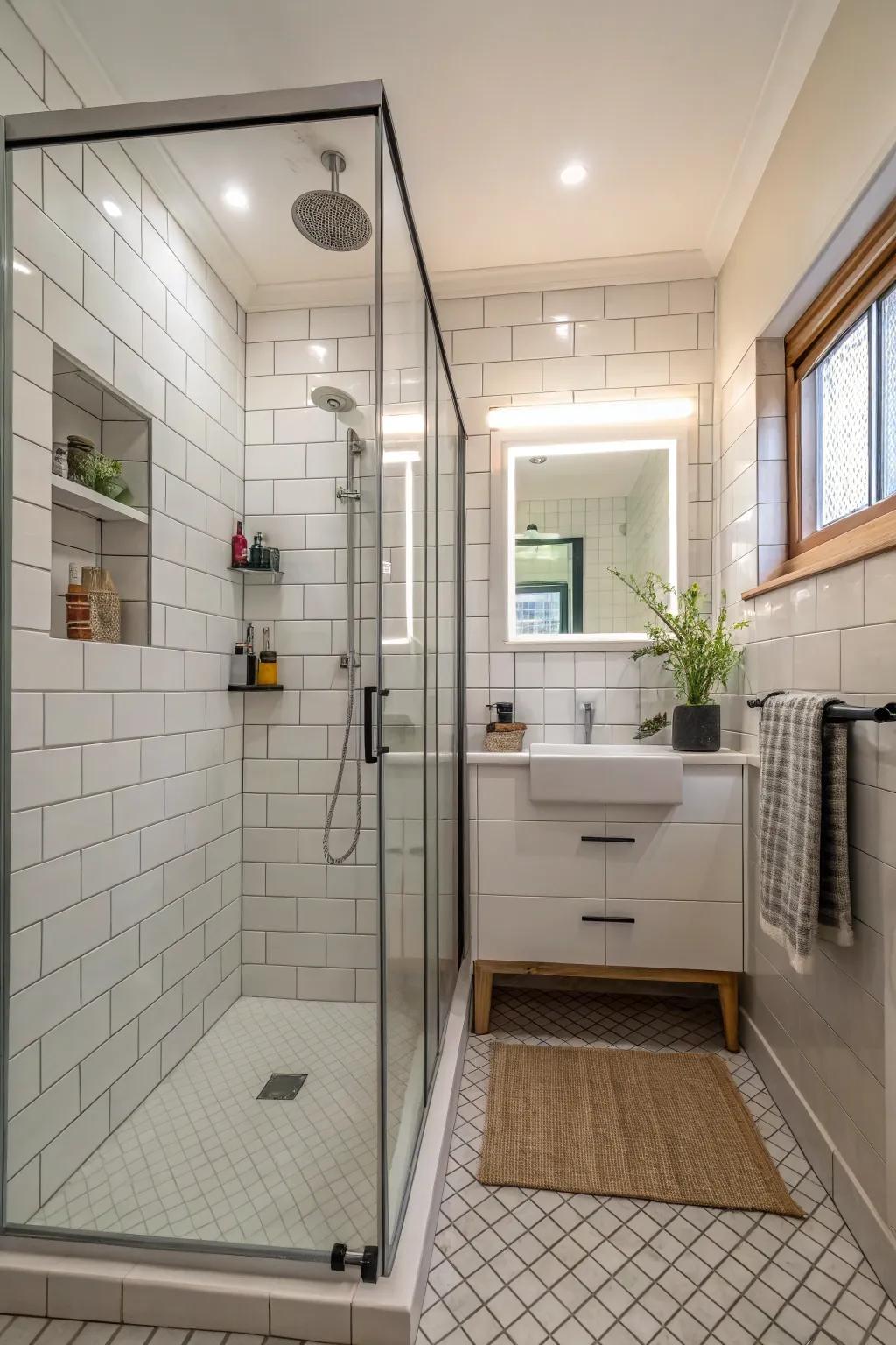 Open shower screens provide seamless transitions and openness.