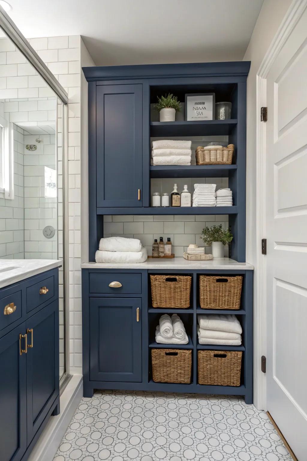 Navy blue storage solutions offer both functionality and elegance.