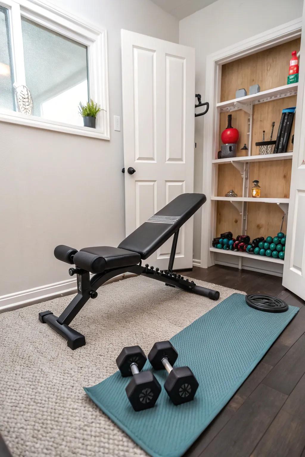 An adjustable bench maximizes workout options in tight spaces.