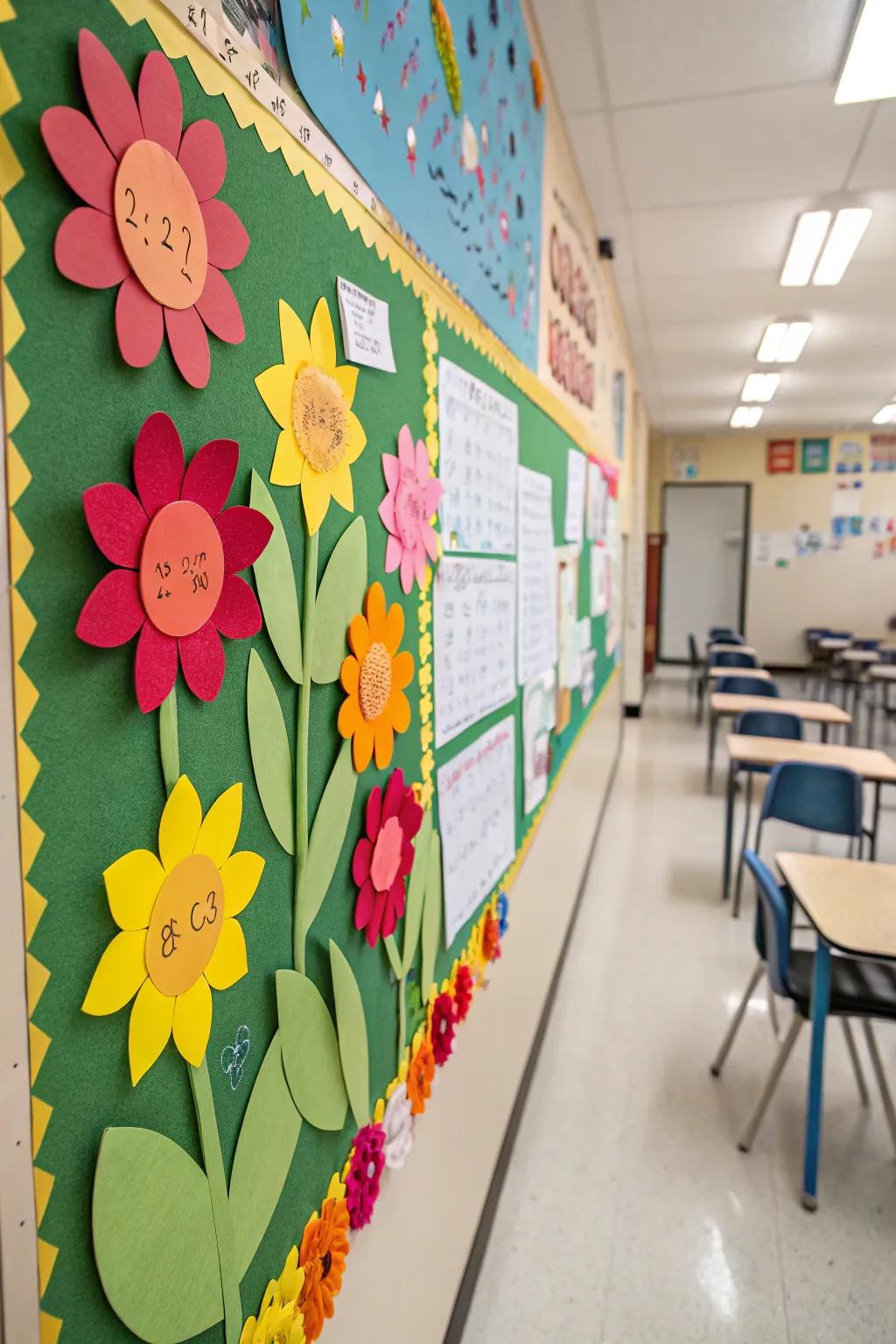 A math-themed bulletin board with flowers illustrating engaging concepts.