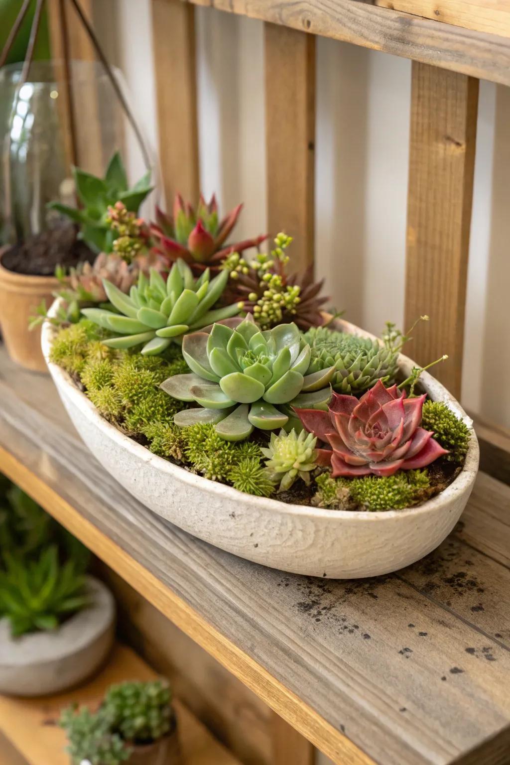 A forest-inspired succulent garden with lush moss accents.