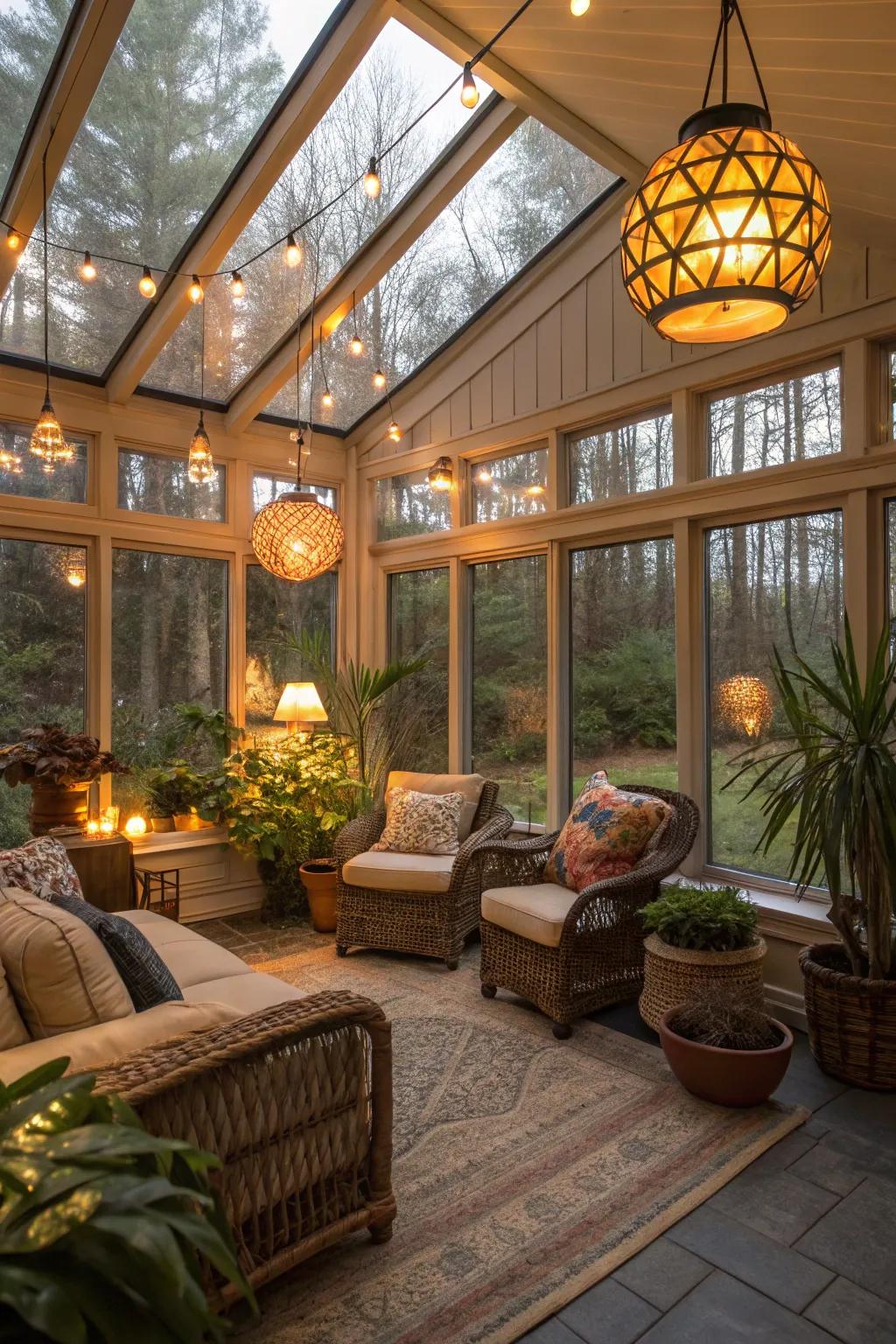 Layered lighting keeps the sunroom cozy after dark.