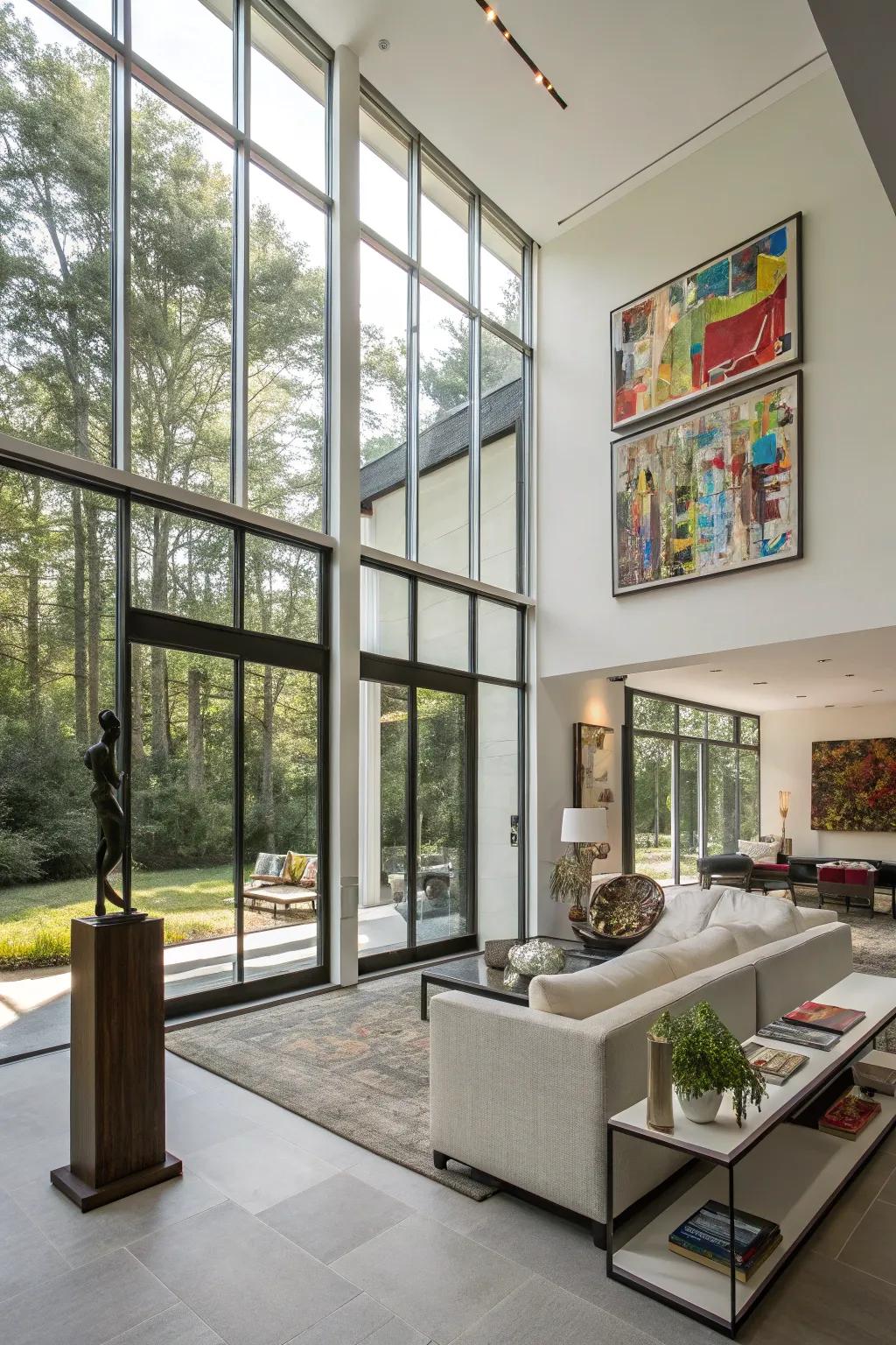Art installations attractively encompassing tall windows.
