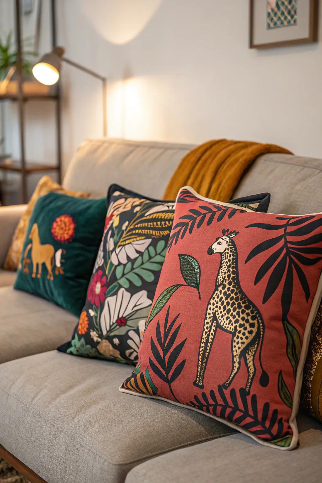 A daring and theatrical display featuring fauna-inspired and abstract-print pillows.