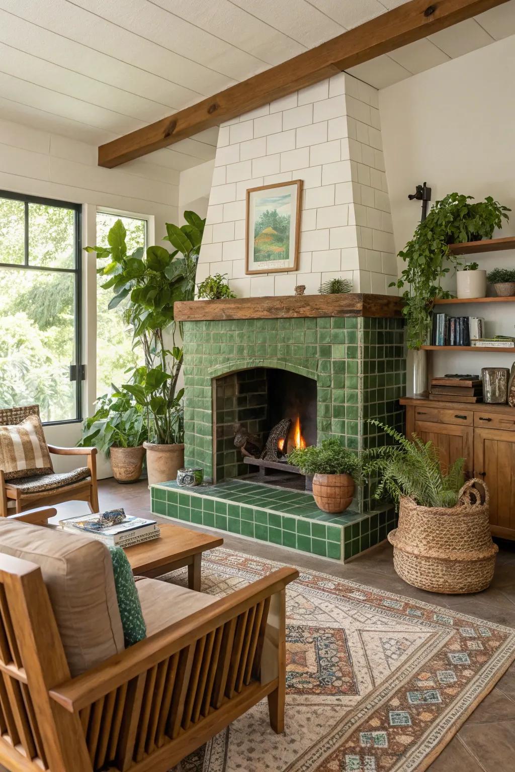 Eco-friendly cladding provides a chic and sustainable fireplace design.