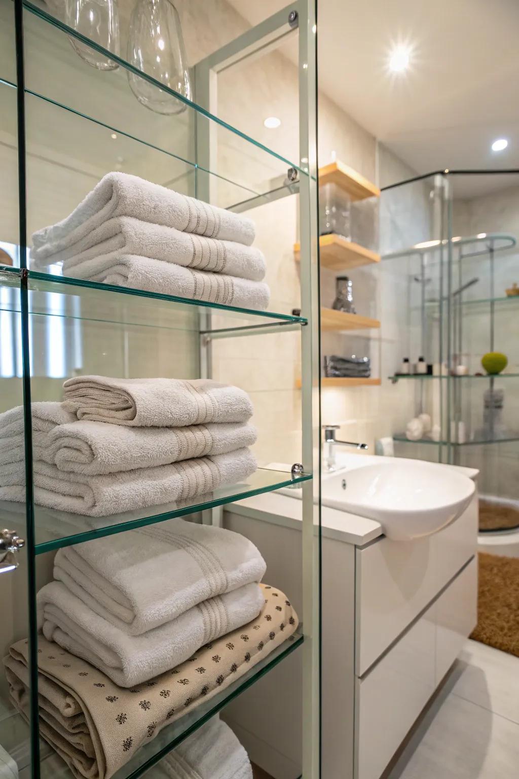 Glass shelves add a touch of sophistication to towel storage.