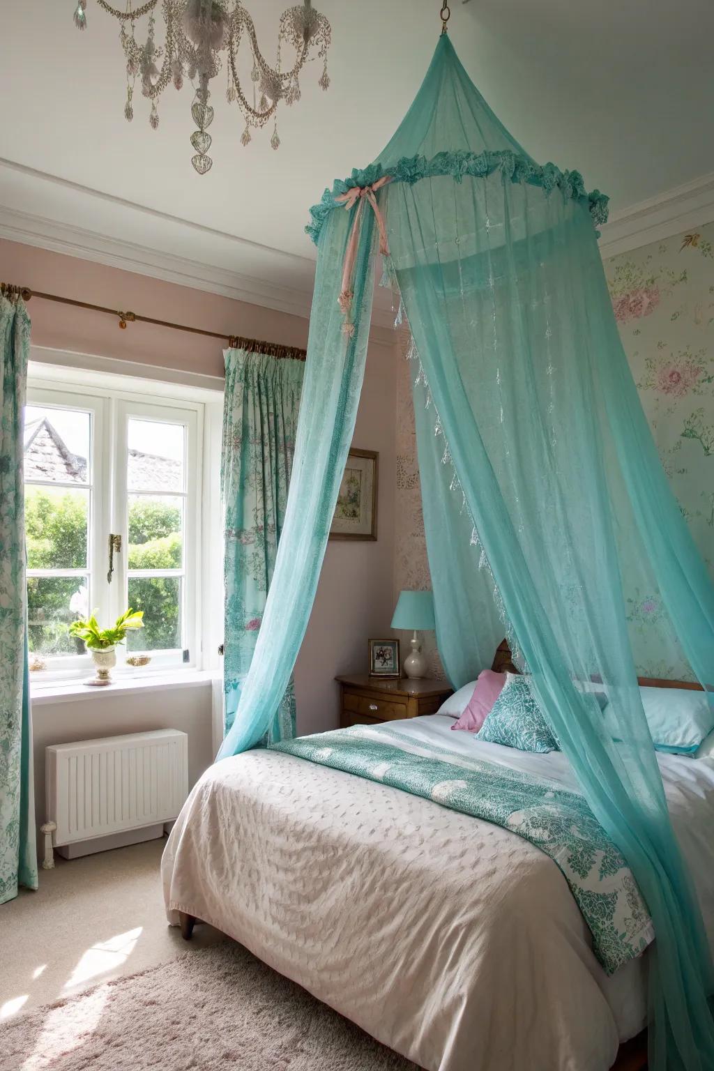 A turquoise canopy transforms this bed into a dreamy retreat.