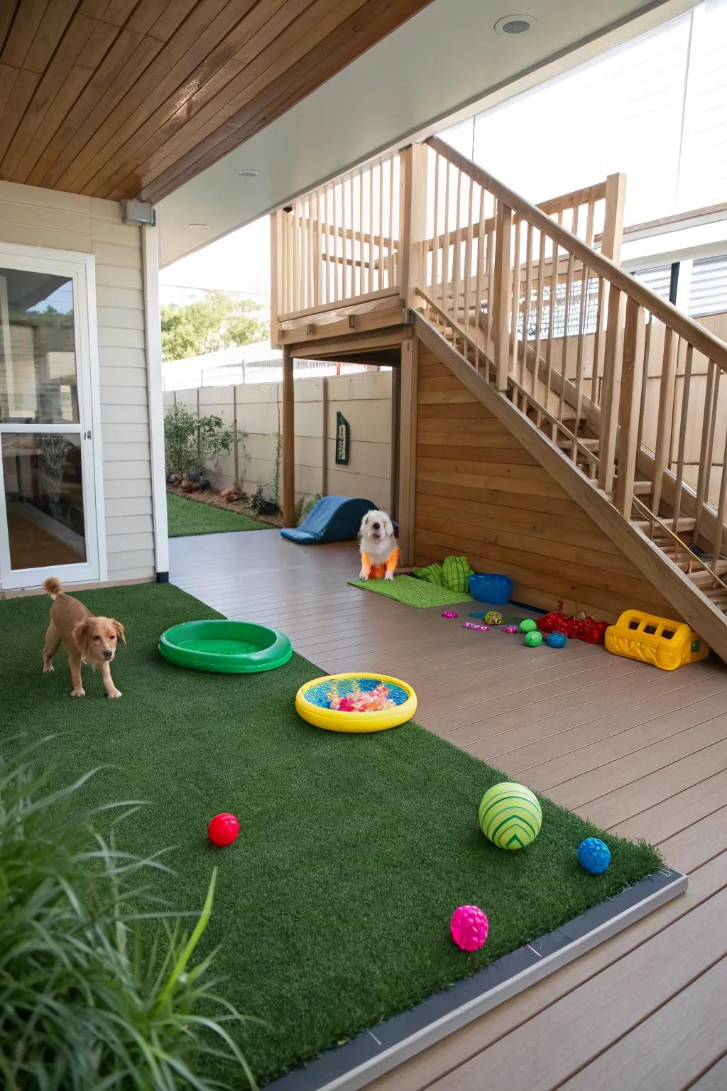 A cozy pet zone under the deck, complete with artificial turf and toys.