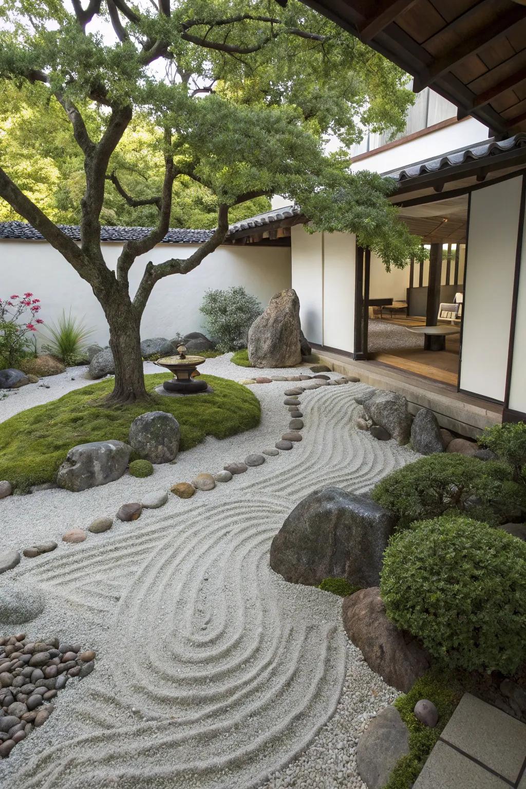 A Zen garden corner offers a serene escape under the tree.
