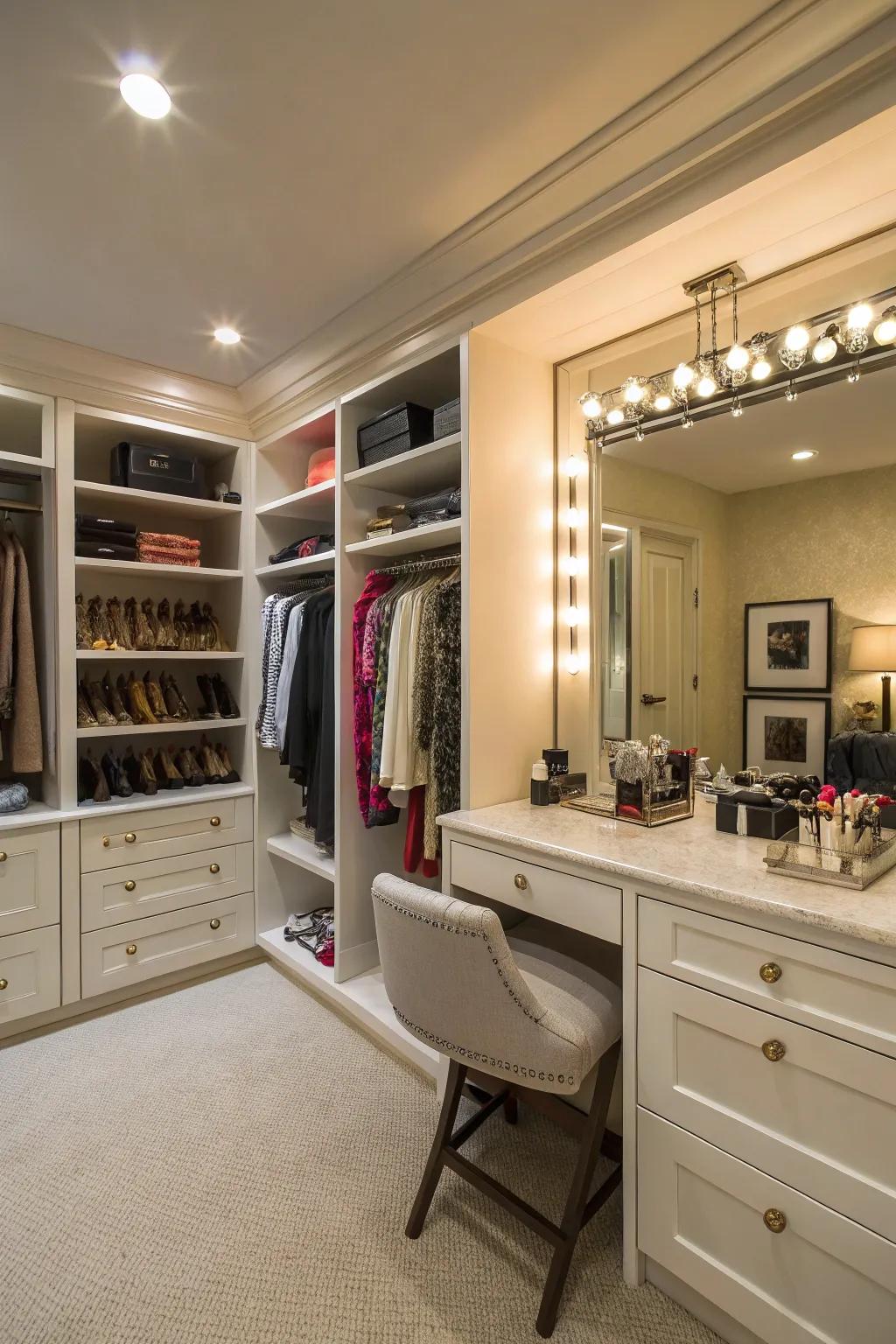 A vanity adds luxury and utility to the closet.