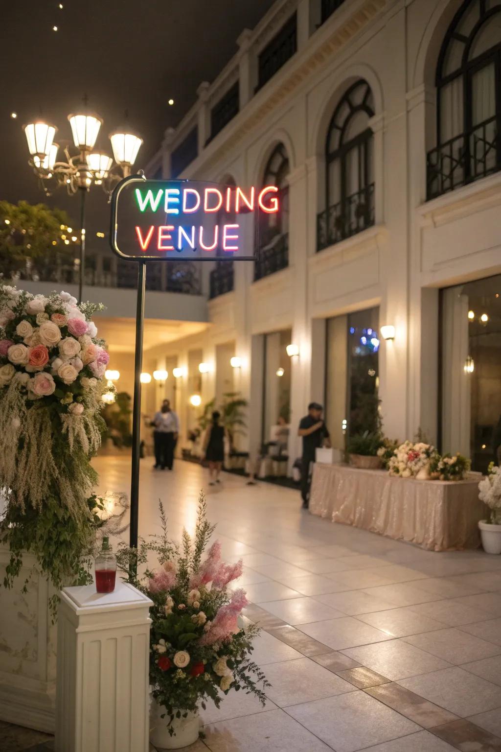 A statement neon sign adds modern flair to any wedding.