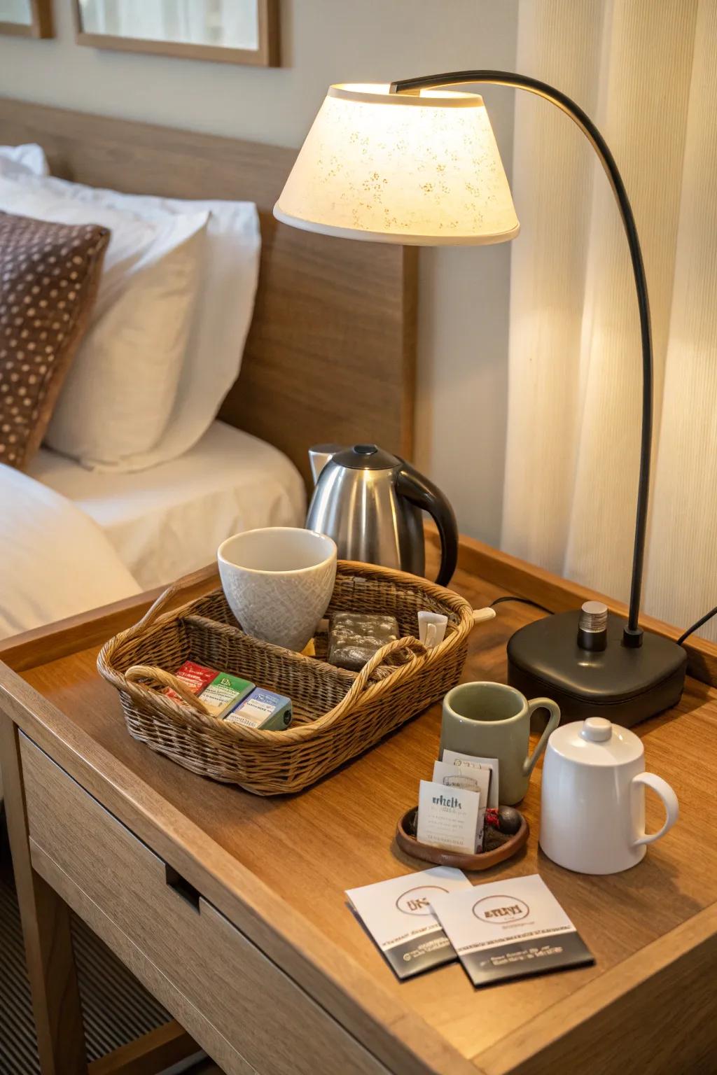 A tranquil tea station in your bedroom provides a relaxing atmosphere.