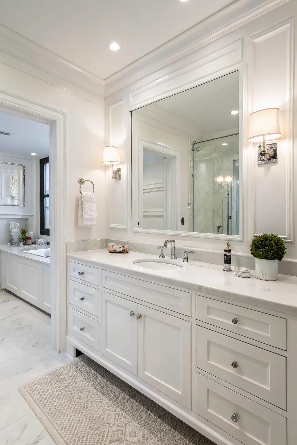 The vanity area combines functionality with timeless elegance.