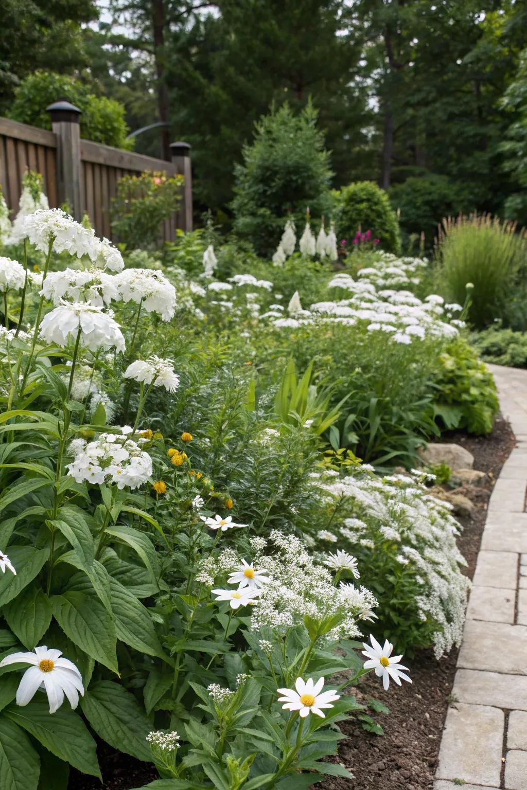 A blend of white seasonals promises year-round garden interest.