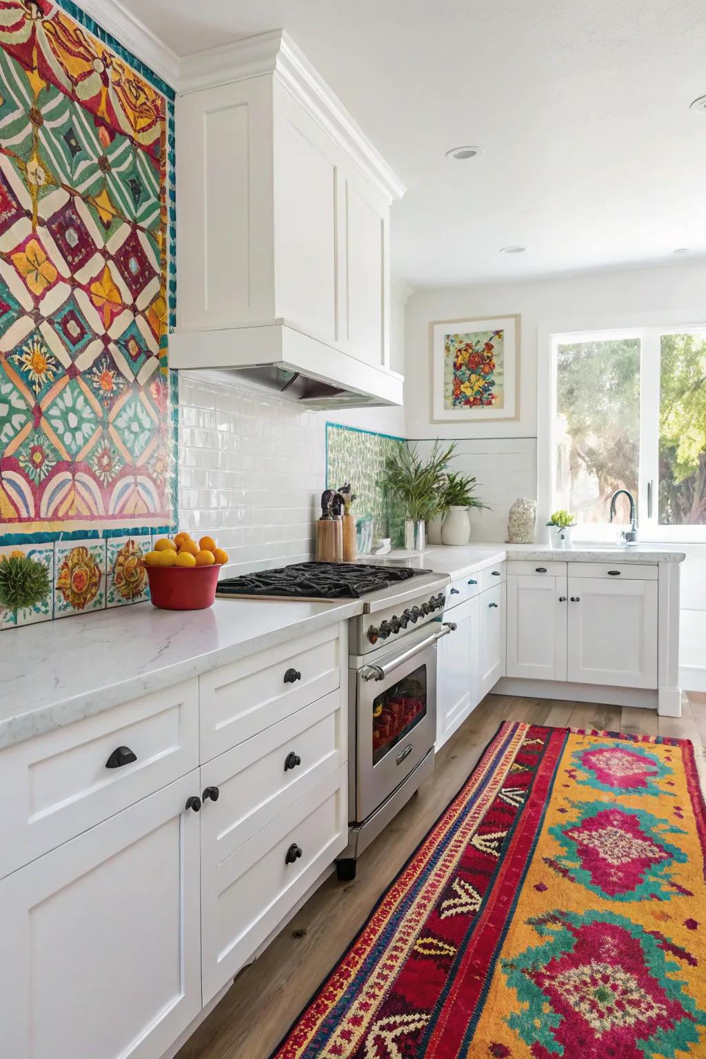 A colorful rug and splashback add vibrancy to the white kitchen.