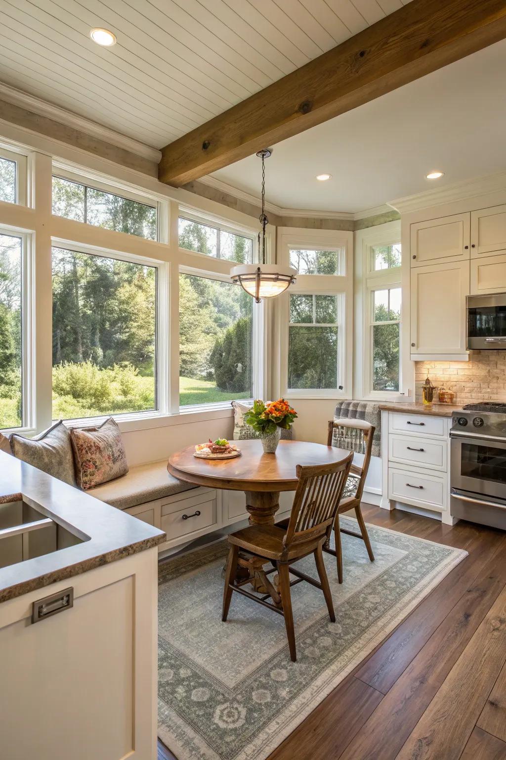 A cozy nook adding warmth to a wide galley kitchen.