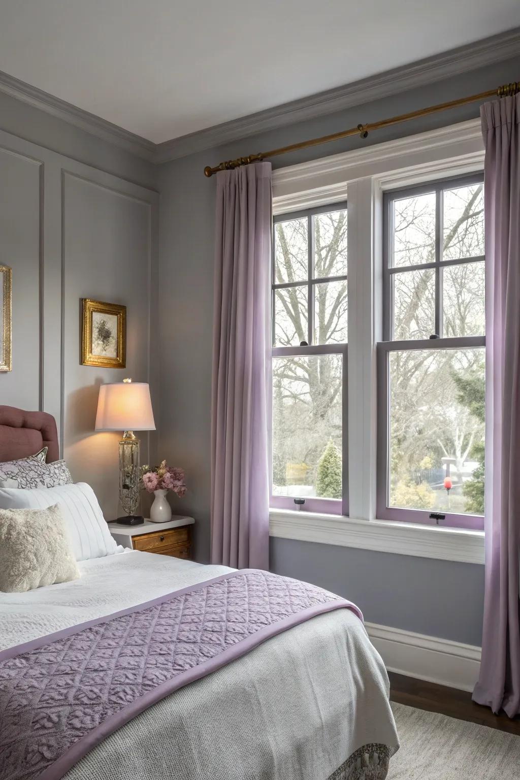 Muted lavender trim introduces a calming accent to a sleeping quarter.