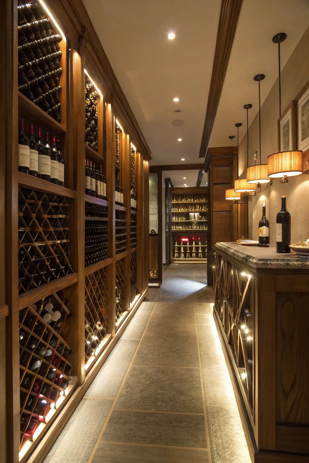 Ambient floor lighting providing a warm pathway in the wine room.