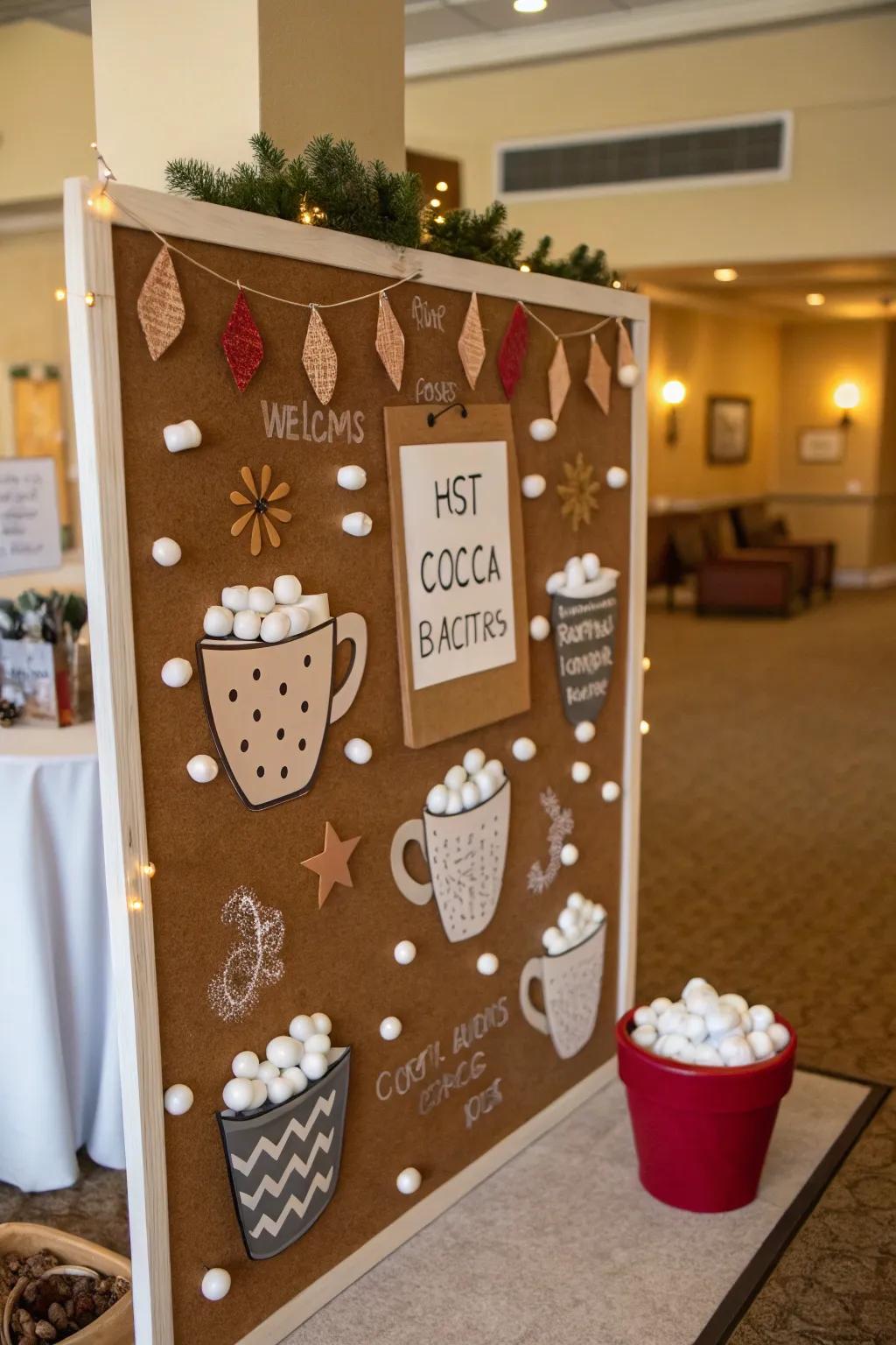 A hot cocoa station adds warmth and coziness to the winter bulletin board.