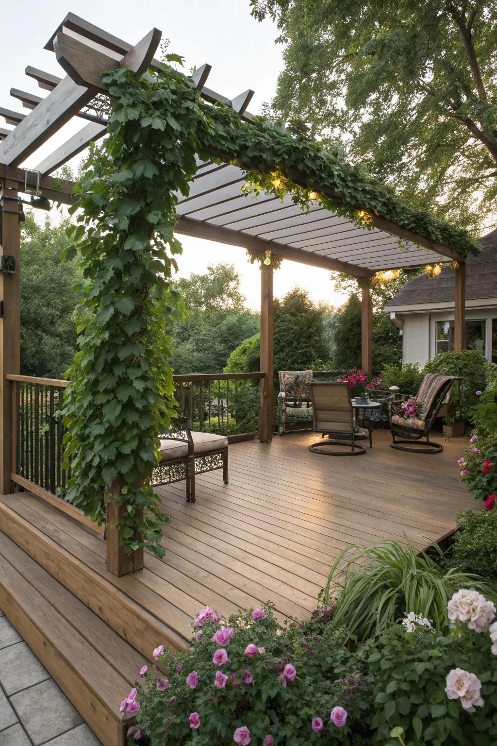 A pergola creating a shaded paradise on the deck.