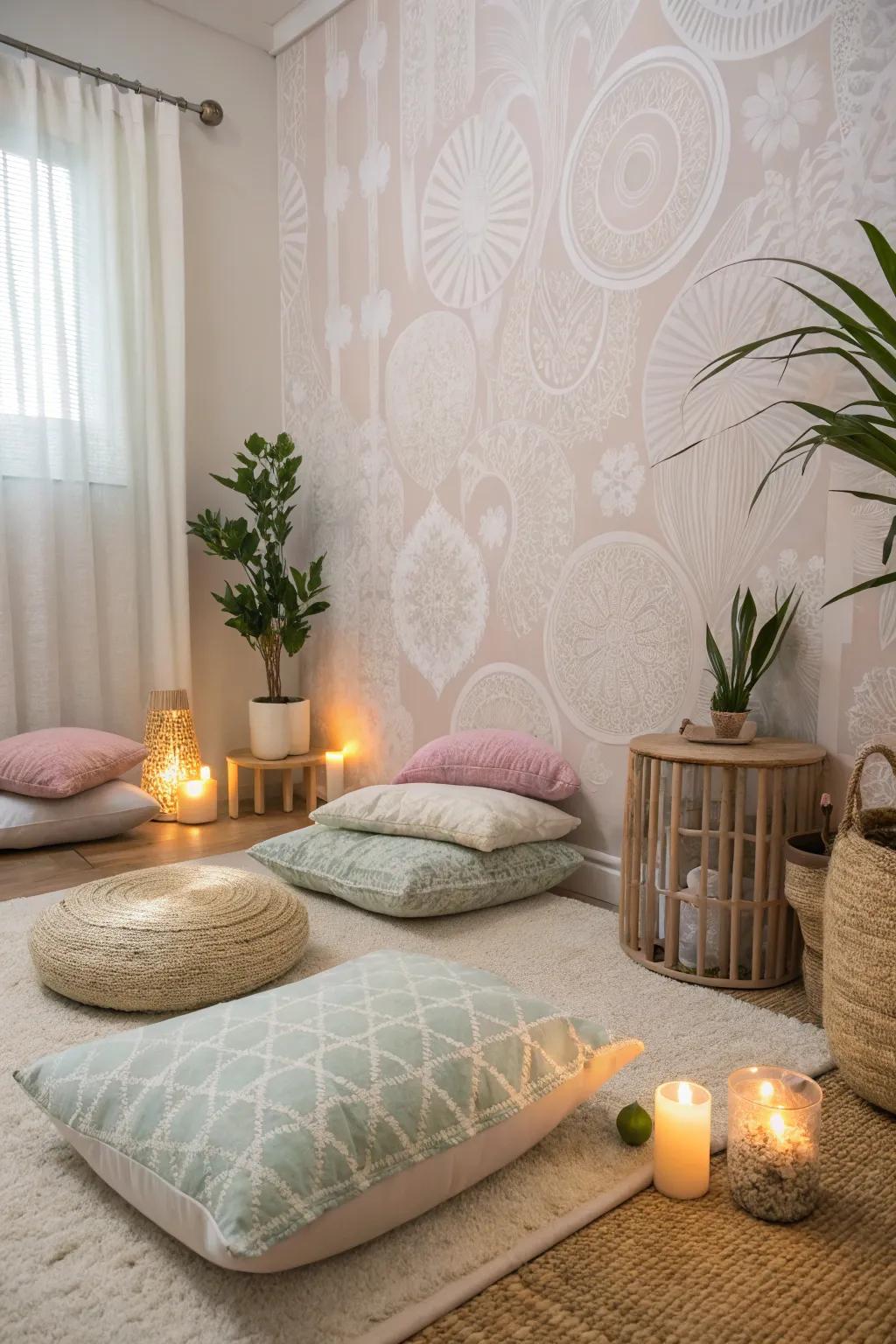 A calm pastel wallpaper creates a tranquil meditation corner.