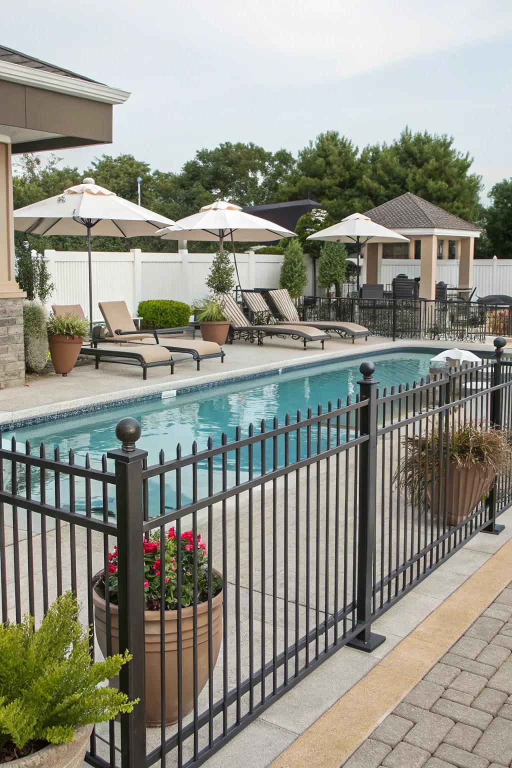 Aluminum fences add safety and style to pool areas.