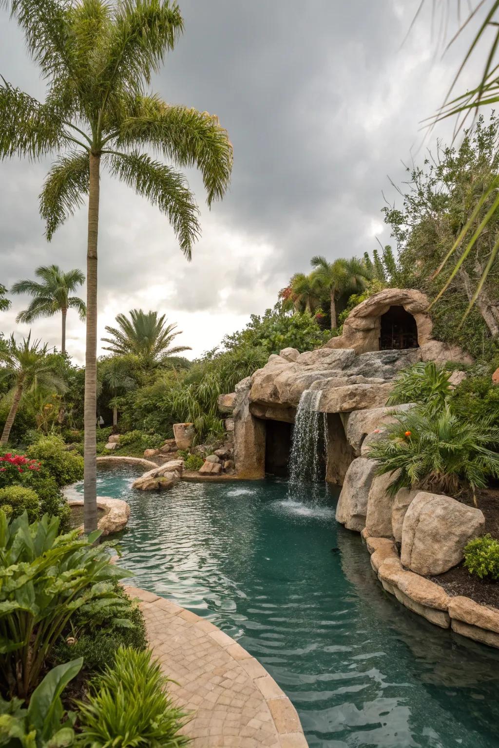 A mysterious grotto tucked away in a lazy river pool.