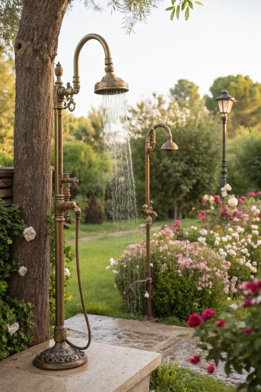 A vintage vibe outdoor shower with timeless fixtures.