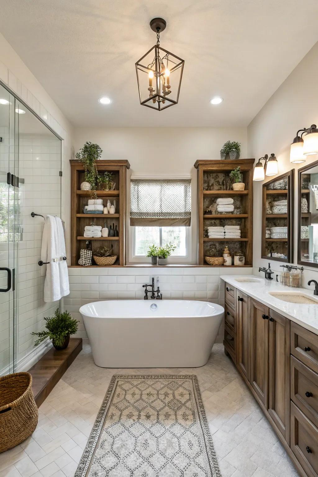 A harmonious bathroom with a tub in a perfectly symmetrical layout.