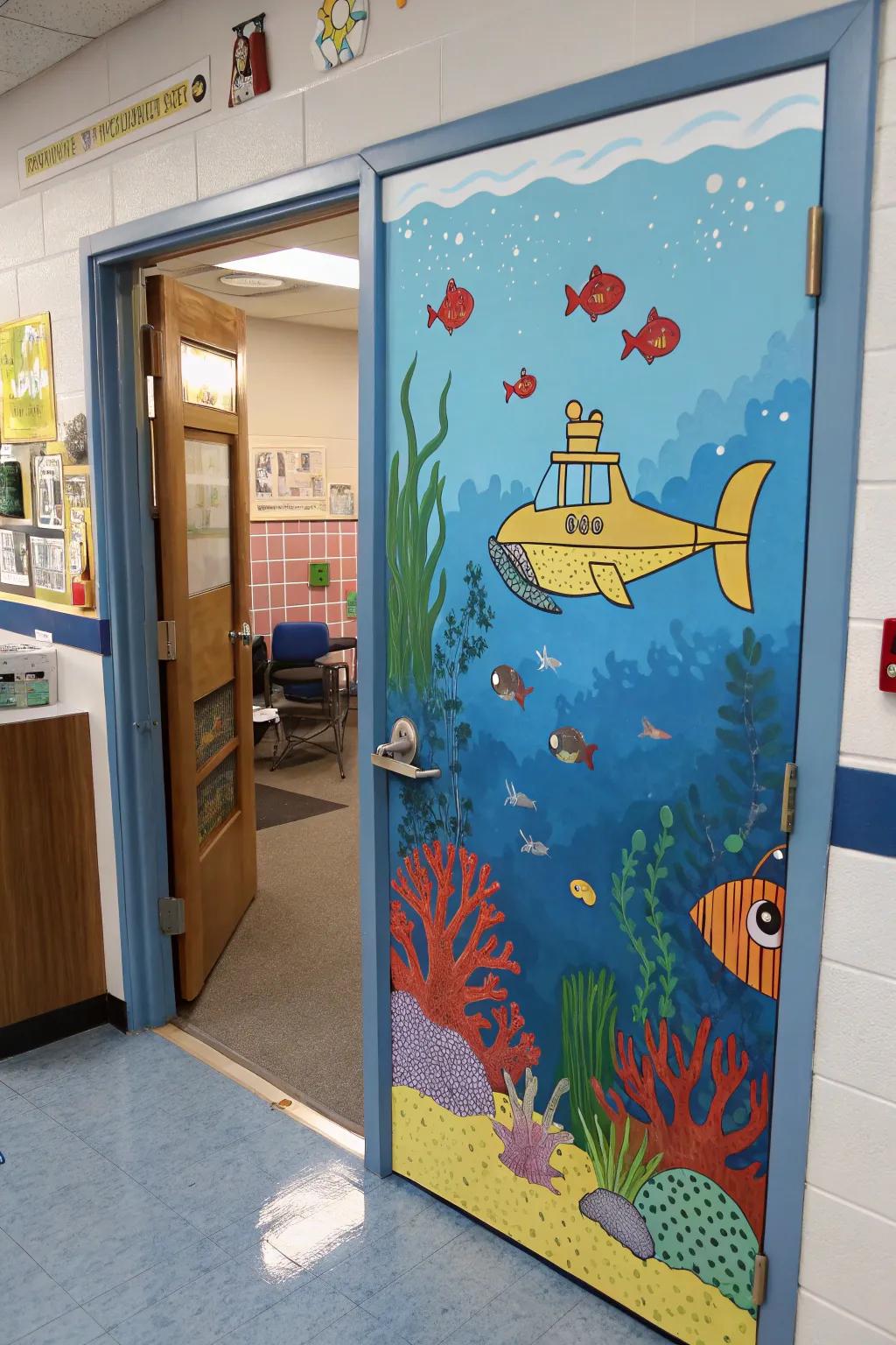 Underwater submarine scene on a classroom door for an adventurous feel.