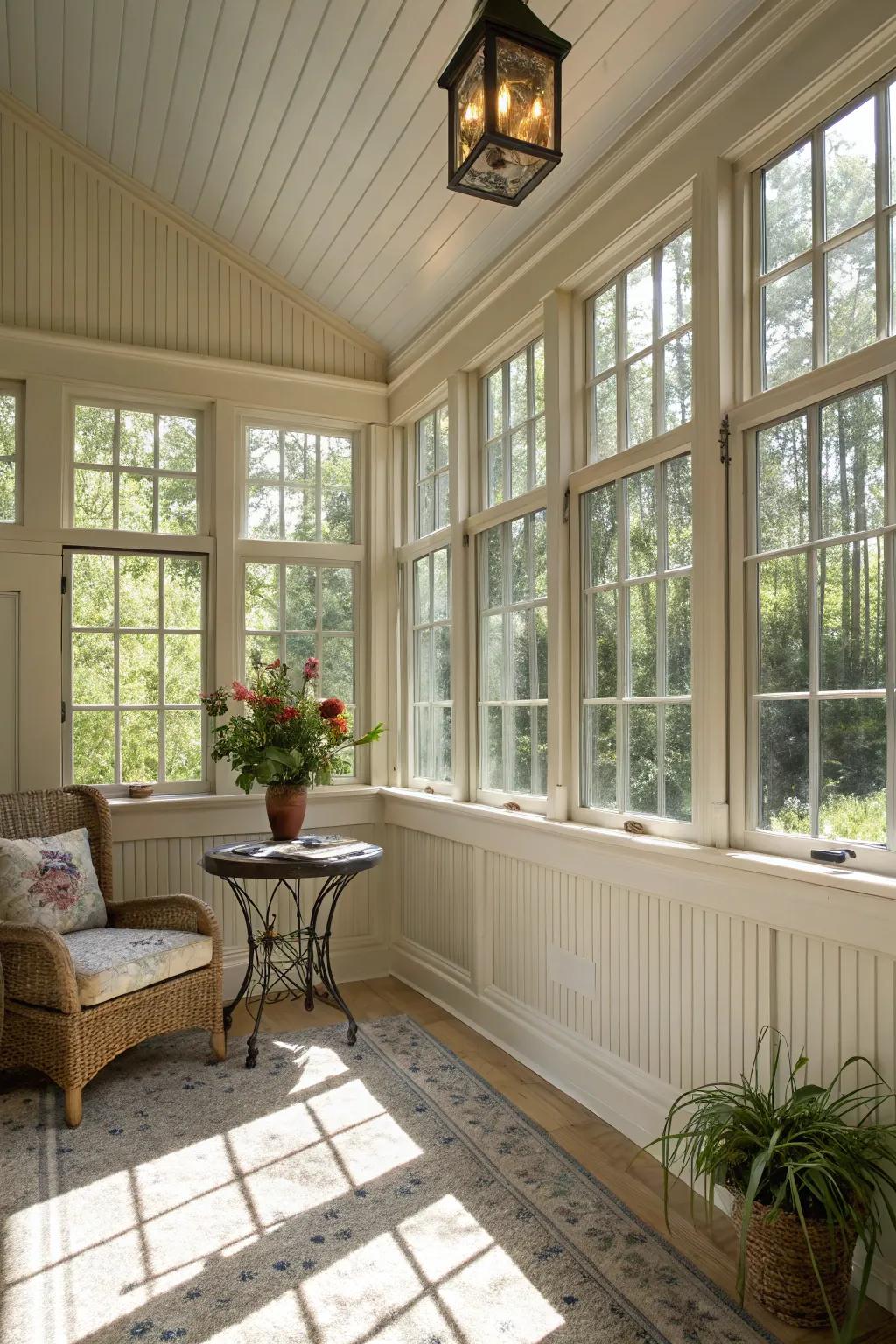 A serene sunroom retreat with beadboard walls.