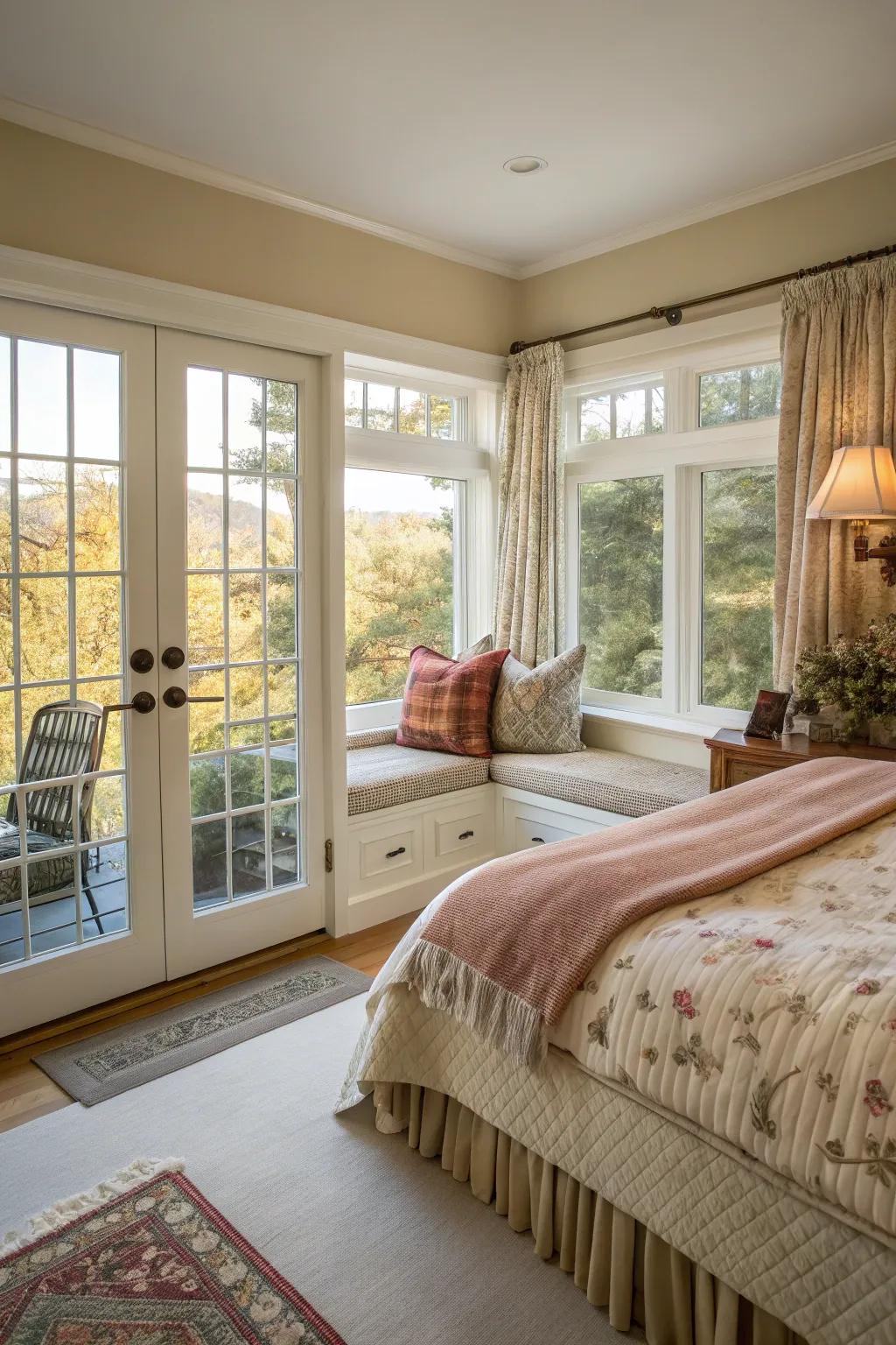 A window seat offers a cozy spot to relax and enjoy the view.