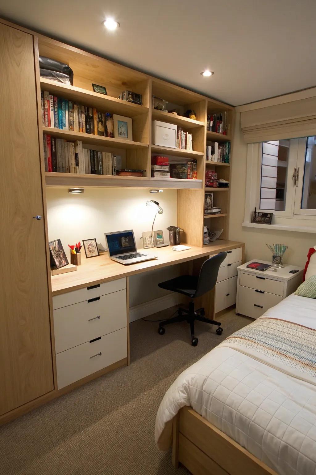 Integrated desk shelving maximizes functionality in small bedrooms.