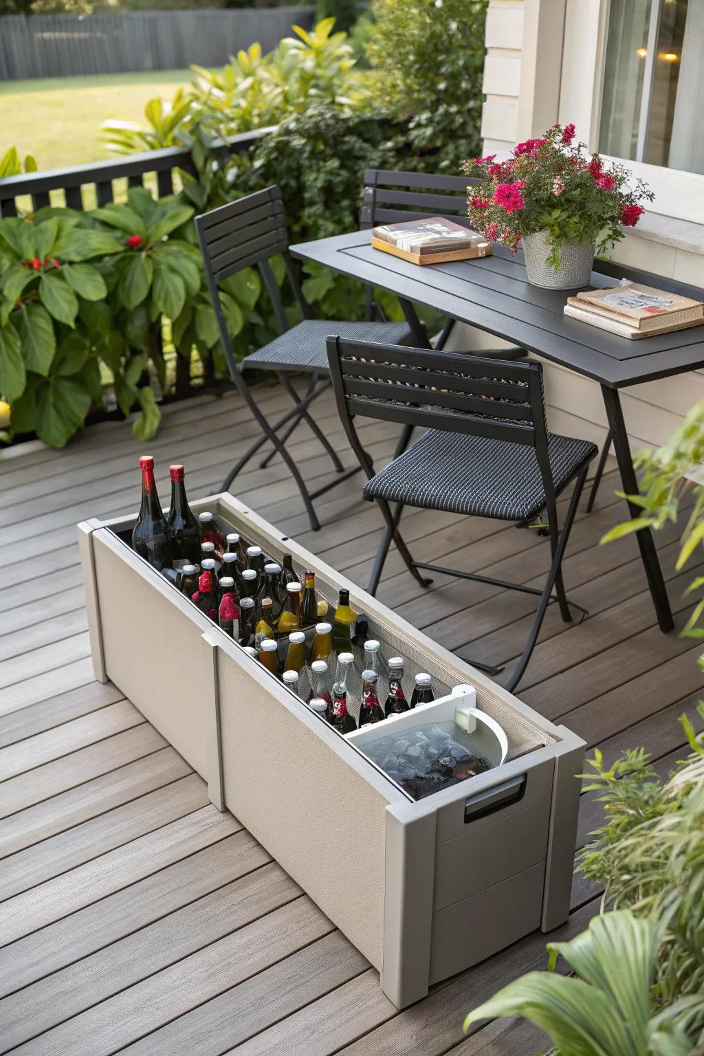 A holding bench on the patio containing beer bottles.