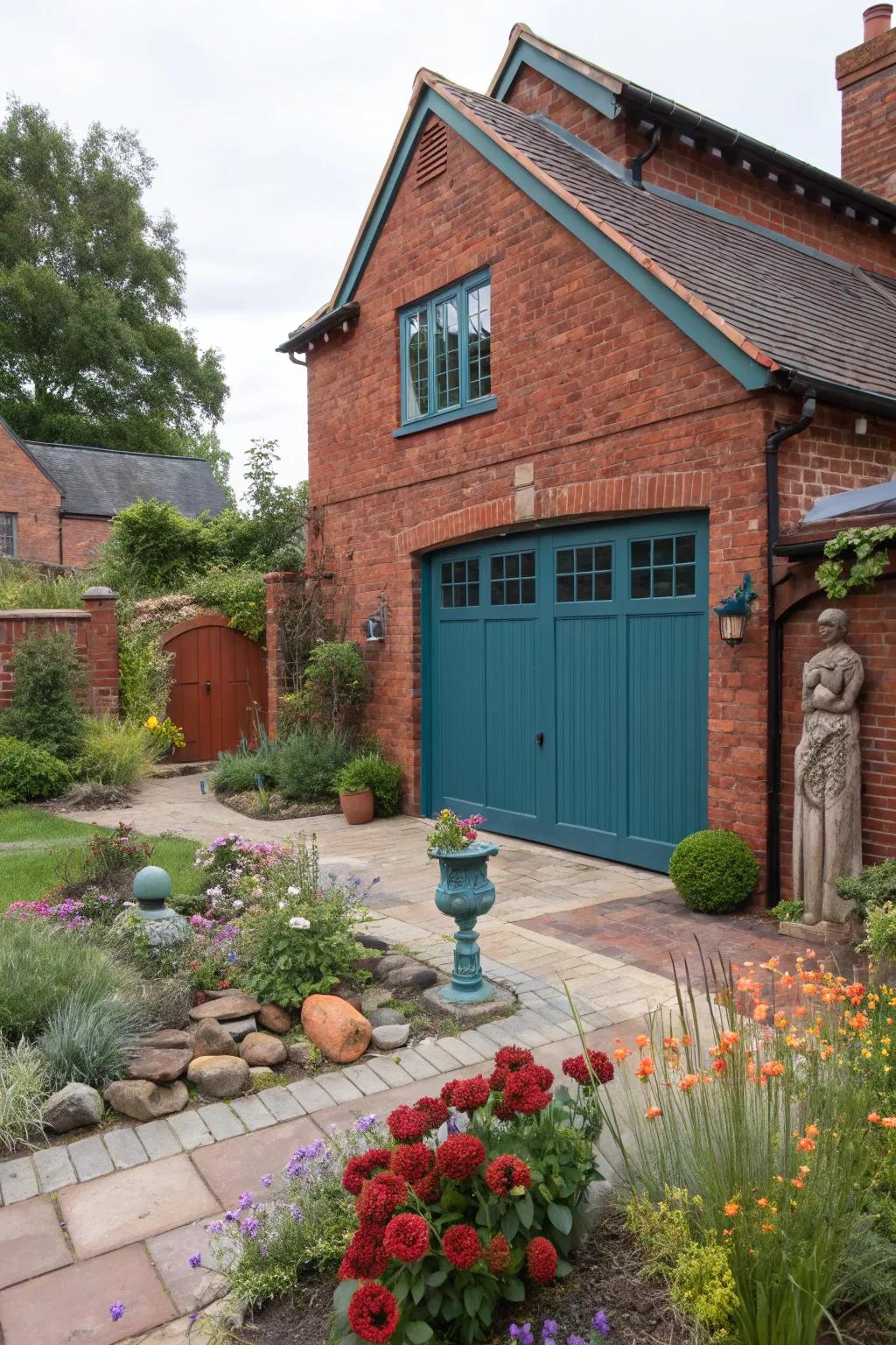 Deep teal garage doors give red brick houses an artistic flair.