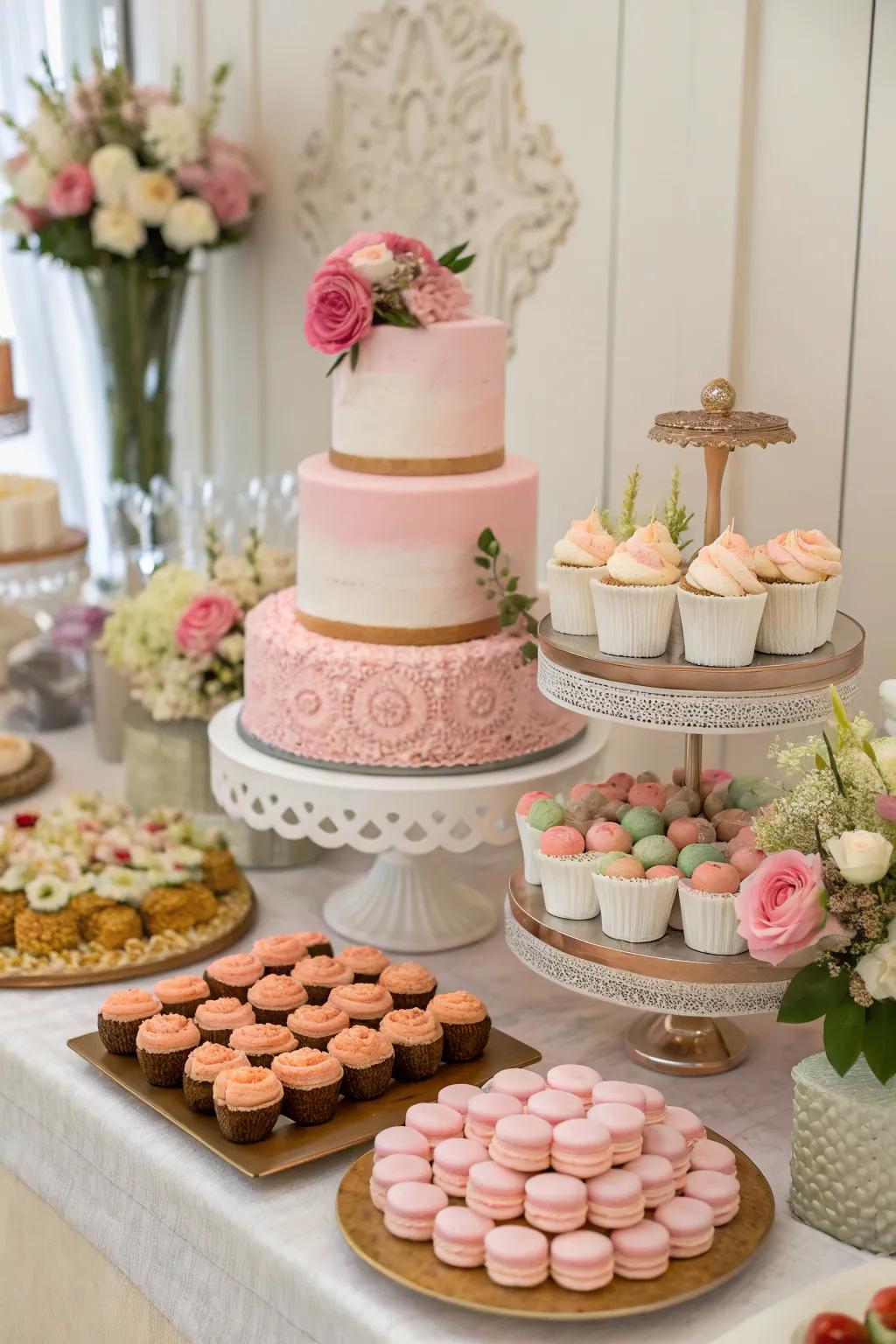 A beautiful dessert table that serves as a focal point in the party decor.