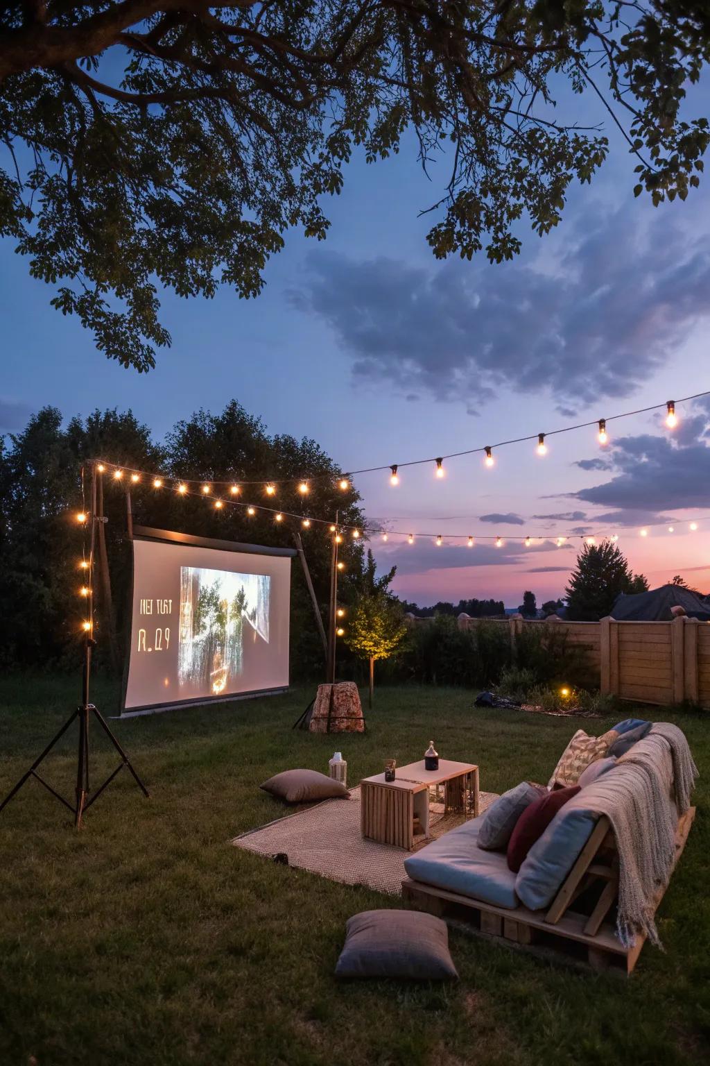 An inviting outdoor movie lounge for evening entertainment.