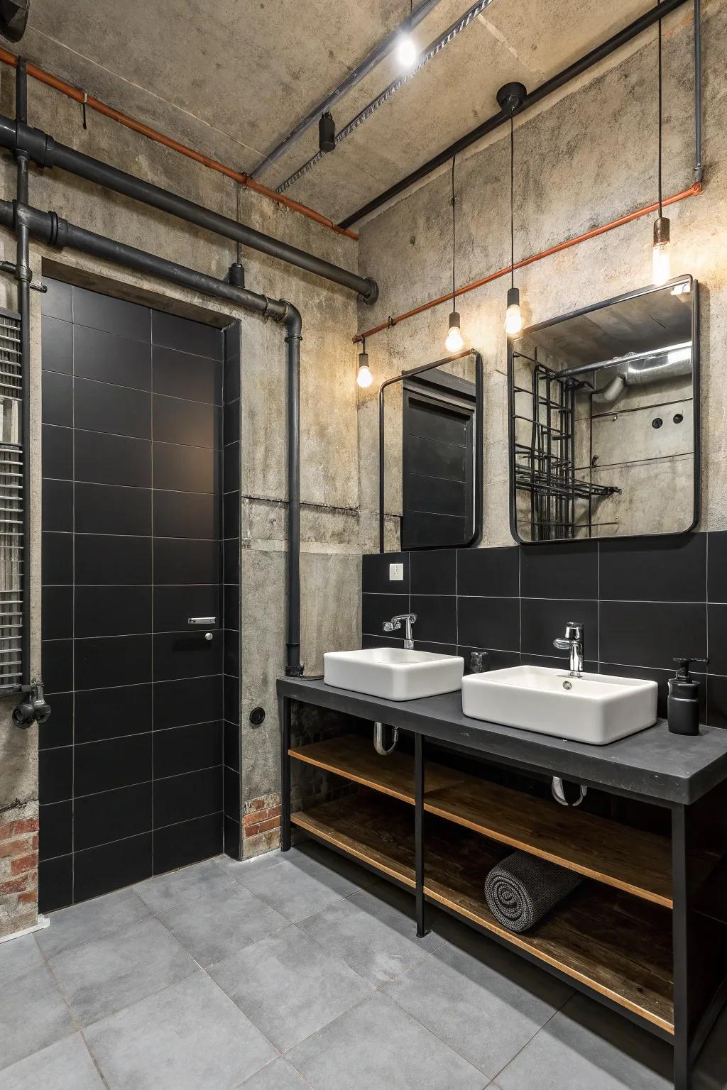 Concrete adds an industrial chic vibe to black bathroom designs.