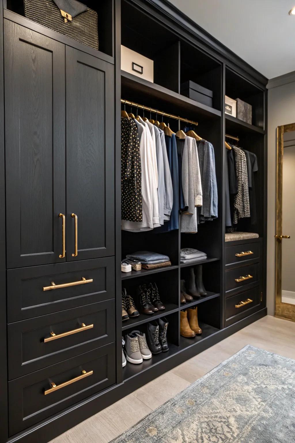 Metallic accents elevate the luxe feel of this walk-in closet.