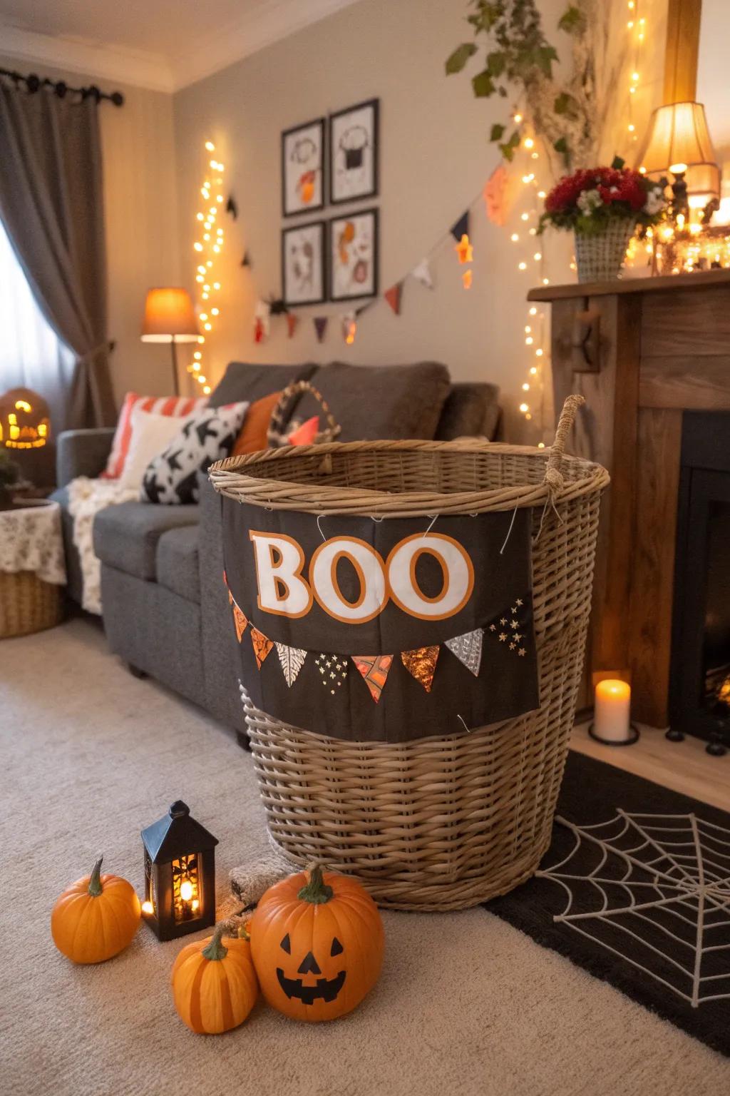 A decorative banner adds festive charm to your boo basket.