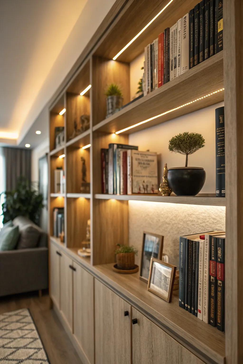 Highlight your bookcase with integrated lighting for a cozy effect.