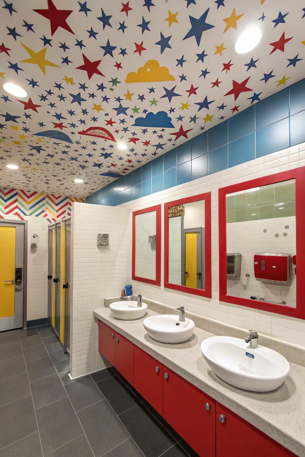 A playful ceiling design adds surprise to a boys' bathroom.